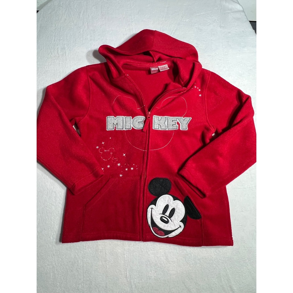 Disney Mickey Mouse Red Fleece Full Zip Hoodie Sweatshirt Small Glitter Stars